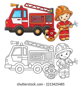 Esbozo de página de color del camión de bomberos de dibujos animados con bomberos o bomberos. Pelea de fuego. Transporte profesional. Libro de Colores para niños.