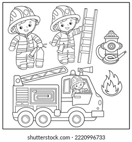 Farbseite Umriss von Cartoon-Feuerwehrwagen mit Feuerwehrleuten oder Feuerwehrleuten. Beruf. Farbbuch für Kinder.