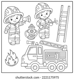 Esbozo de página de color de la caricatura de un camión de bomberos con bomberos o bomberos. Profesión. Libro de Colores para niños.