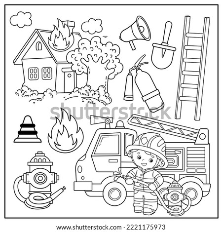 Coloring Page Outline Of cartoon fire truck with fireman or firefighter. Profession. Fire extinguishing tools. Coloring Book for kids.