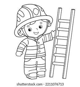 Esbozo de página de color de bombero o bombero de dibujos animados con una escalera de extinción de incendios. Profesión. Libro de Colores para niños.