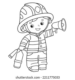 Farbseite Umriss von Cartoon Feuerwehrmann oder Feuerwehrmann mit einem Megaphon oder Horn und Feuerlöscher. Beruf. Farbbuch für Kinder.