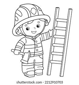 Esbozo de página de color de bombero o bombero de dibujos animados con una escalera de extinción de incendios y un hacha. Profesión. Libro de Colores para niños.