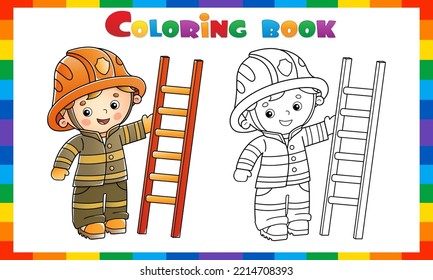 Esbozo de página de color de bombero o bombero de dibujos animados con una escalera de extinción de incendios. Profesión. Libro de Colores para niños.