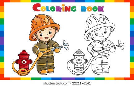 Coloring Page Outline Of cartoon fireman or firefighter with a fire hydrant. Profession. Coloring Book for kids.