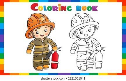 Coloring Page Outline Of cartoon fireman or firefighter with a fire extinguisher. Profession. Coloring Book for kids.