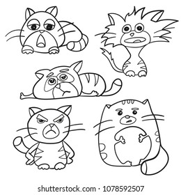 Coloring Page Outline Of cartoon fluffy cats. Coloring book for kids - set og five kittens