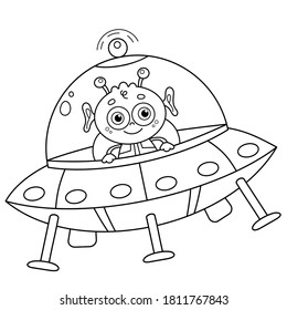 Coloring Page Outline Of a cartoon flying saucer with alien. Space. Coloring book for kids. 
