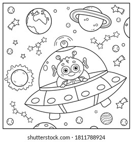 Coloring Page Outline Of cartoon flying saucer and alien in space  Coloring book for kids   