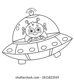 Coloring Page Outline Of a cartoon flying saucer with alien. Space. Coloring book for kids. 