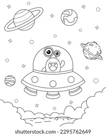 Coloring Page Outline Of a cartoon flying saucer with alien. Space. Coloring book for kids.