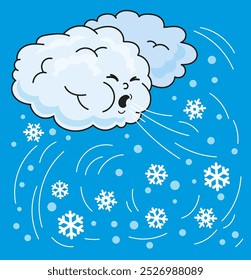 Coloring page outline of cartoon frosty cloud with snowflakes. Colorful vector illustration, winters coloring book for kids.