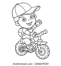 Esquema de página de color de un chico divertido de dibujos animados en una bicicleta o bicicleta. Juegos al aire libre. Actividad veraniega. Libro de coloración para niños