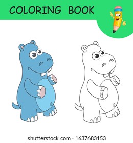 Coloring page outline of cartoon funny hippo. Cute colorful hippopotamus as an example for coloring book. Practice worksheet for preschool and kindergarten. Educational game for kids. Vector EPS