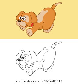 Coloring page outline of cartoon funny dog. Cute colorful dog as an example for coloring book. Practice worksheet for preschool and kindergarten. Educational game for kids. Vector Illustration.