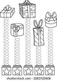 Coloring page outline of cartoon gift boxes. Educational exercise, preschool worksheet for practicing fine motor skills, tracing dashed lines, colorful vector illustration, coloring book for kids. 