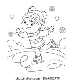 Coloring Page Outline Of cartoon girl skating. Winter sports. Coloring book for kids