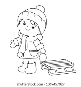 Coloring Page Outline Of cartoon girl with sledge. Winter. Coloring book for kids