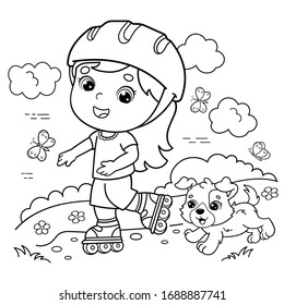 Coloring Page Outline Of cartoon girl on the roller skates with a dog. Coloring book for kids