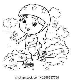 Coloring Page Outline Of cartoon girl on the roller skates. Coloring book for kids