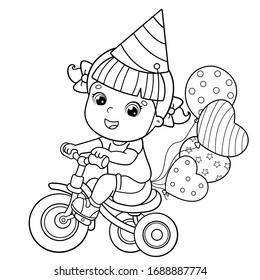 Coloring Page Outline Of a cartoon girl riding a Bicycle or bike with a balloons. Birthday. Coloring book for kids