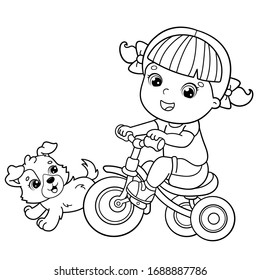 Coloring Page Outline Of a cartoon girl riding a Bicycle or bike with a dog. Coloring book for kids