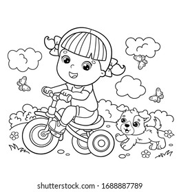 Coloring Page Outline Of a cartoon girl riding a Bicycle or bike with a dog. Coloring book for kids