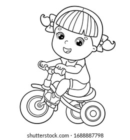 Coloring Page Outline Of a cartoon girl riding a Bicycle or bike. Coloring book for kids