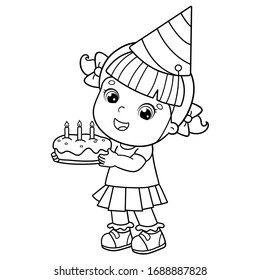 Coloring Page Outline Of a cartoon girl with a cake at the holiday. Birthday. Coloring book for kids