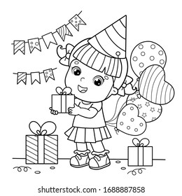 Coloring Page Outline Of a cartoon girl with a balloons and with gifts at the holiday. Birthday. Coloring book for kids