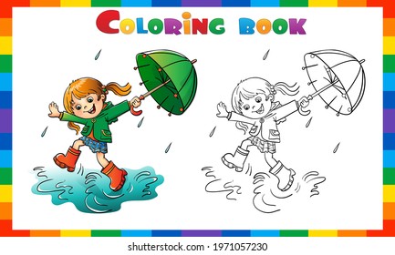 Coloring Page Outline of cartoon girl jumping in the rain with umbrella. Coloring Book for kids.