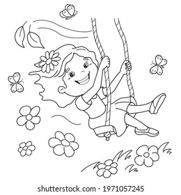 Coloring Page Outline Of cartoon girl rides on a swing. Outdoor games on playground. Summer activity. Coloring Book for kids.