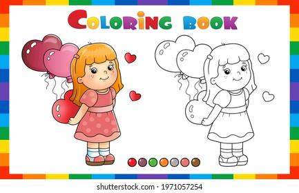 Coloring Page Outline of cartoon girl with heart and balloons. Valentine's day. Coloring Book for kids.