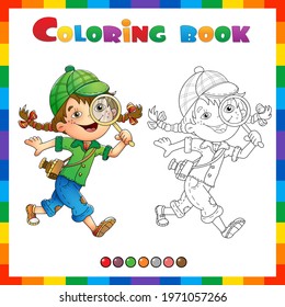 Coloring Page Outline Of cartoon girl detective with loupe. Coloring Book for kids.