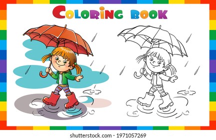 Coloring Page Outline of cartoon girl walking in the rain with umbrella. Coloring Book for kids.