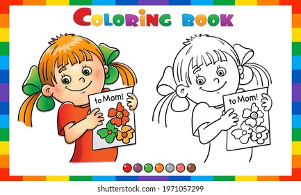 Coloring Page Outline of cartoon girl with a picture. Mother's day. Coloring Book for kids.