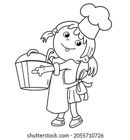 Coloring page outline of cartoon girl chef with large pot. Little cook or scullion in apron and chef hat. Profession. Coloring Book for kids.