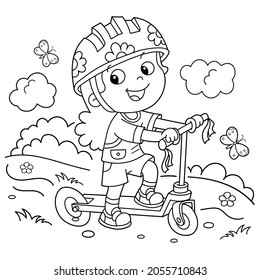 Coloring Page Outline Of cartoon girl on the scooter. Coloring book for kids