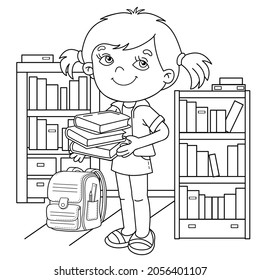 Coloring Page Outline Of cartoon girl with books or textbooks. Little student or schooler. School library. Coloring book for kids