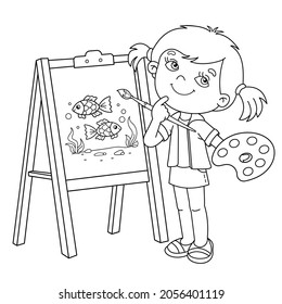 Coloring Page Outline Of cartoon girl with brush and paints. Little artist at the easel drawing color fishes. Coloring book for kids