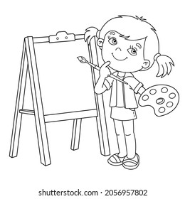 Coloring Page Outline Of cartoon girl with brush and paints. Little artist at the easel. Coloring book for kids