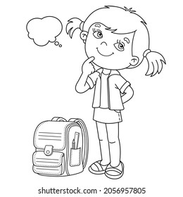Coloring Page Outline Of Cartoon Girl With Satchel. Little Student Or Schooler. School. Coloring Book For Kids