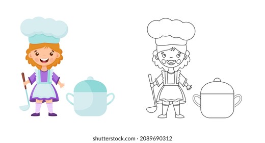 Coloring page outline of cartoon girl chef with large pot. Little cook or scullion in apron and chef hat. Profession. Coloring Book for kids. Vector illustration