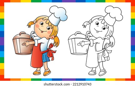 Esquema de la página de color de la chica de dibujos animados chef con una olla grande. Pequeño cocinero o escullón en delantal y sombrero de chef. Profesión. Libro de Colores para niños.