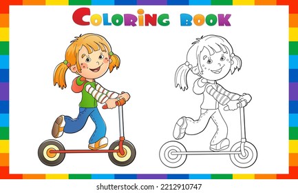 Coloring Page Outline Of cartoon girl on the scooter. Summer activity. Coloring book for kids