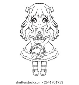 Coloring Page Outline Of cartoon girl with basket of apples.