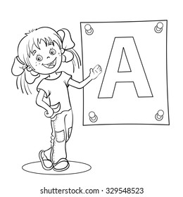 Coloring Page Outline Of a Cartoon Girl with pencil and large letter isolated on white background