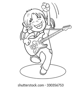 Coloring Page Outline Of a Cartoon Girl with a guitar isolated on white background