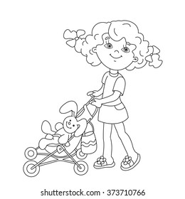 Coloring Page Outline Of cartoon girl playing with dolls with baby stroller. Coloring book for kids