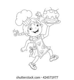Coloring Page Outline Of cartoon Girl chef with cake. Coloring book for kids